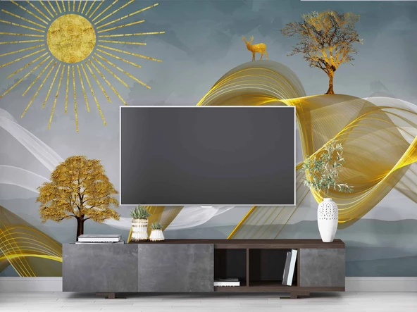 3 Boyutlu Altın Manzaralı Duvar Kağıdı - Resim 3