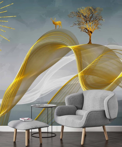 3 Boyutlu Altın Manzaralı Duvar Kağıdı - Resim 6