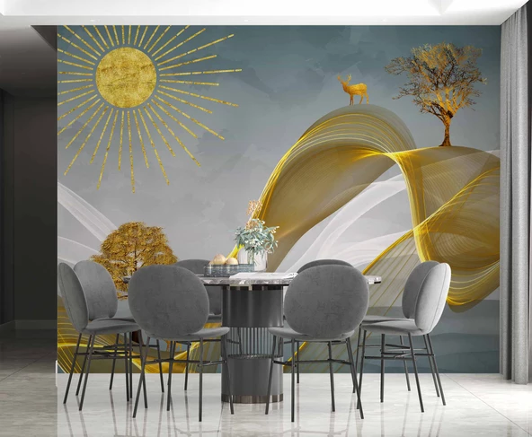 3 Boyutlu Altın Manzaralı Duvar Kağıdı - Resim 5