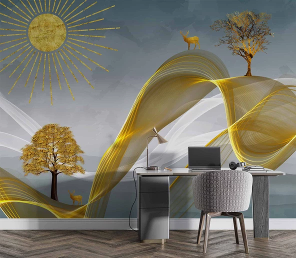 3 Boyutlu Altın Manzaralı Duvar Kağıdı - Resim 4
