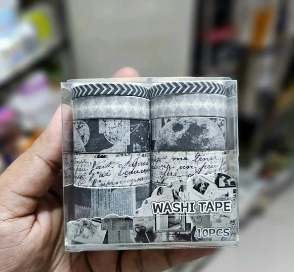 Vintage Washi Tape Bant Siyah Beyaz Yapışkanlı Maskeleme Kağıdı Desenli bant 10 lu - Tablo Yazı Galaksi