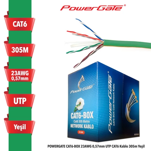 POWERGATE  CAT6-BOX-GN, 23AWG 0,57mm, UTP, CAT6 Kablo, 305m, Yesil