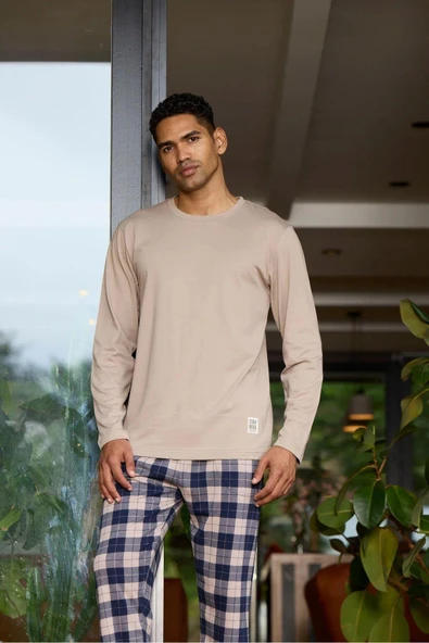 Kly 6028 Erkek Sıfır Yaka Ekoseli Uzun Kollu Pijama Takım - 2