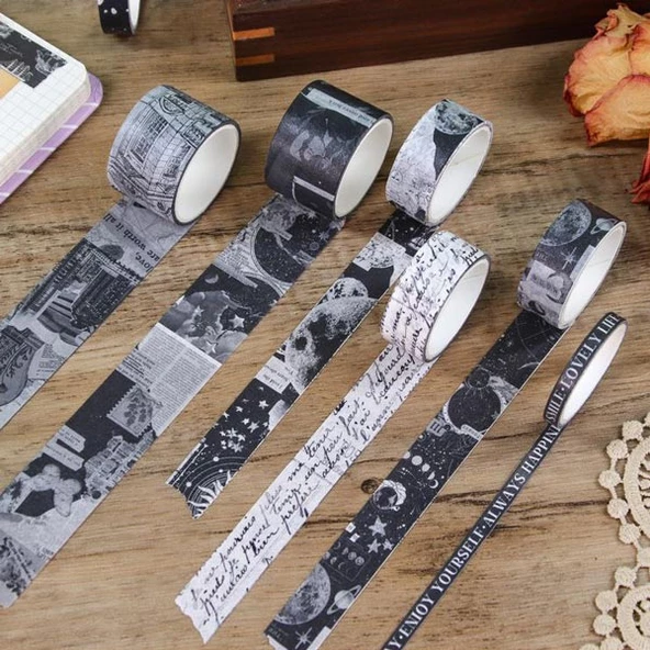 Vintage Washi Tape Bant Siyah Beyaz Yapışkanlı Maskeleme Kağıdı Desenli bant 10 lu -Eski Bina Harita - 5