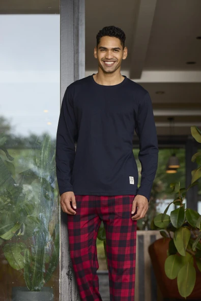 Kly 6028 Erkek Sıfır Yaka Ekoseli Uzun Kollu Pijama Takım - 2