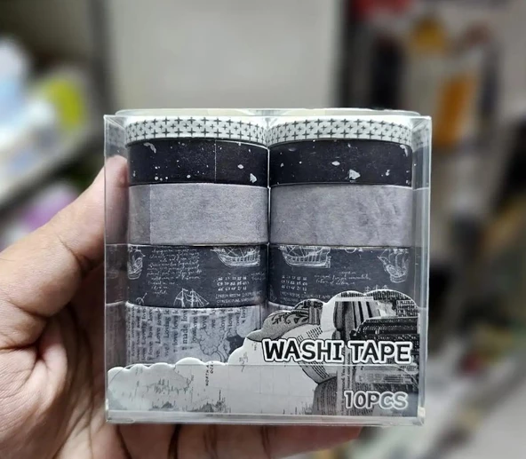Vintage Washi Tape Bant Siyah Beyaz Yapışkanlı Maskeleme Kağıdı Desenli bant 10 lu -Eski Bina Harita