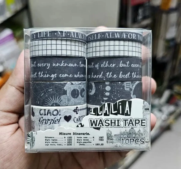 Vintage Washi Tape Bant Siyah Beyaz Yapışkanlı Maskeleme Kağıdı Desenli bant 10 lu - İtalya Ay Yazı