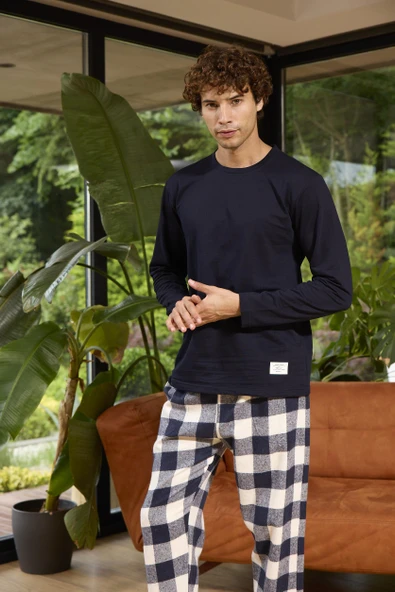 Kly 8058 Erkek Sıfır Yaka Ekose Uzun Kollu Pijama Takım