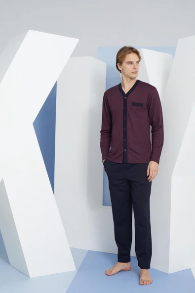 Kly 9252 Erkek V Yaka 4 Mevsim Boydan Düğmeli Uzun Kollu Pijama Takım - 2