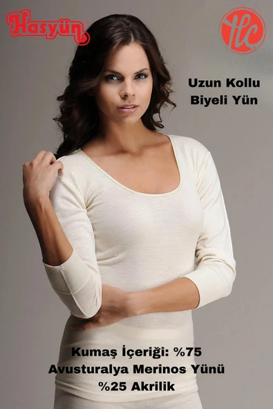 Hasyün %75 Yün Kadın Sıcak Tutar Terletmez Kaşınma Yapmaz Ribana Biyeli Yün Uzun Kollu İçlik ürün görseli