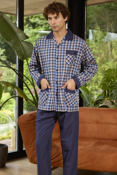 Kly 4037 Erkek Apaj Yaka Önden Düğmeli Uzun Kol Pijama Takım - 2