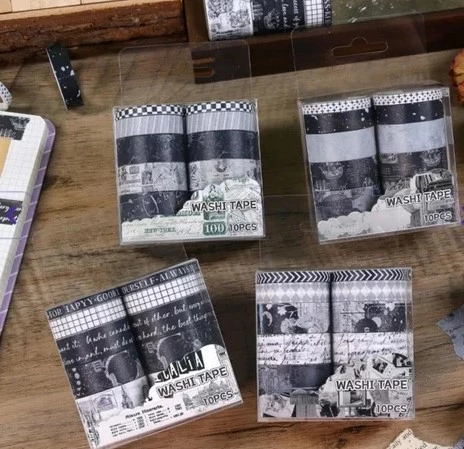 Vintage Washi Tape Bant Siyah Beyaz Yapışkanlı Maskeleme Kağıdı Desenli bant 10 lu - Tablo Yazı Galaksi - Resim 2