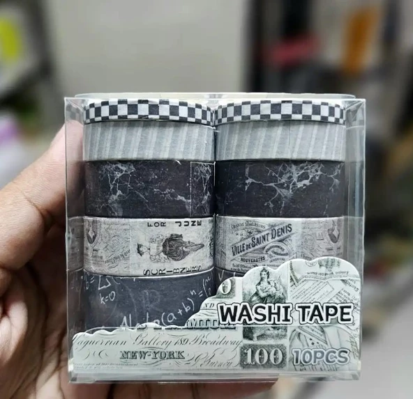 Vintage Washi Tape Bant Siyah Beyaz Yapışkanlı Maskeleme Kağıdı Desenli bant 10 lu -Formül Para