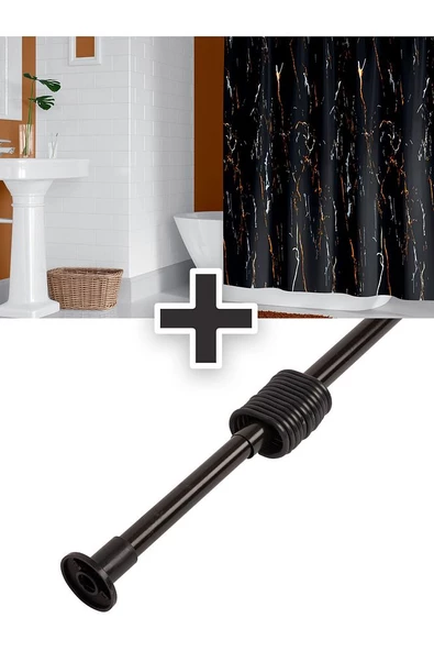 Polyester Kumaş Mermer Desen Siyah Banyo Perdesi Siyah Askı Aparatı Hediyeli C-halkalı Duş Perdesi ürün görseli 1