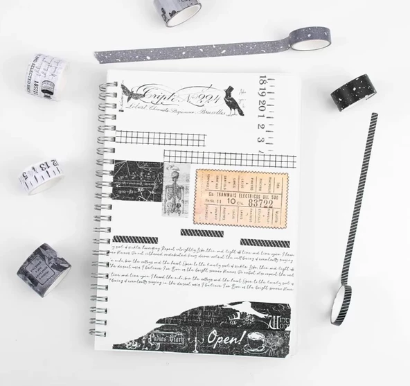 Vintage Washi Tape Bant Siyah Beyaz Yapışkanlı Maskeleme Kağıdı Desenli bant 10 lu -Formül Para - 6