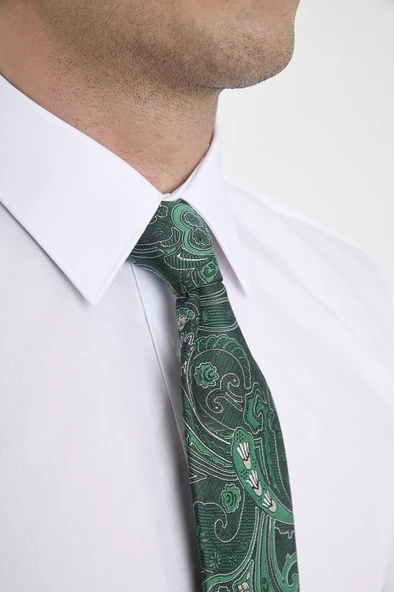 Bianze Yeşil Beyaz Şal Motif Desen Kravat Mendil Set - Resim 2