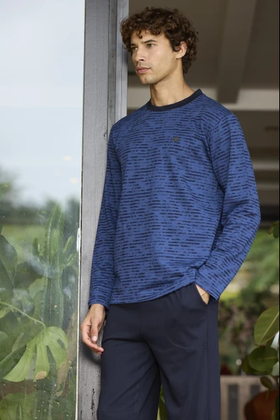 Kly 9130 Büyük Beden Erkek Bisiklet Yaka Uzun Kollu Pijama Takım - 2
