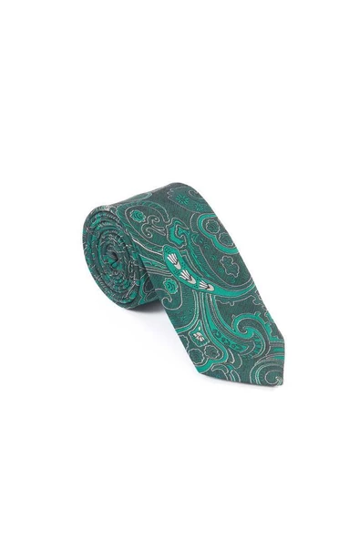 Bianze Yeşil Beyaz Şal Motif Desen Kravat Mendil Set - Resim 3