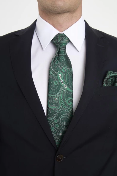 Bianze Yeşil Beyaz Şal Motif Desen Kravat Mendil Set ürün görseli 1