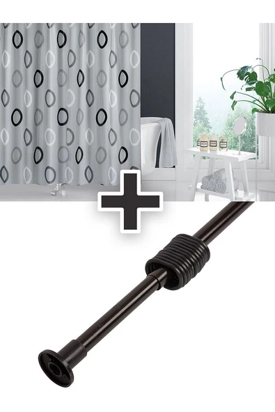 Polyester Kumaş Geometrik Desen Gri Banyo Perdesi Siyah Askı Aparatı Hediyeli C-halkalı Duş Perdesi - 1