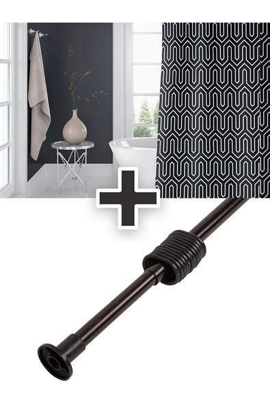 Polyester Kumaş Etnik Desen Siyah Banyo Perdesi Siyah Askı Aparatı Hediyeli C-halkalı Duş Perdesi ürün görseli 1