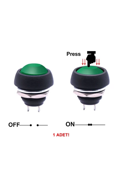 Alkatronik 12mm PBS-33B 2 Pin Push Buton Yeşil ON OFF 1A 250V Mini Yuvarlak Su Geçirmez Anahtar Momentary Swit - Resim 3