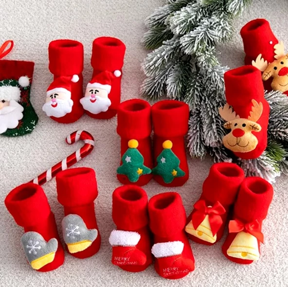 Yılbaşı Temalı Ponpon Detaylı Bebek Havlu Çorap S Beden (Model 2) - 6