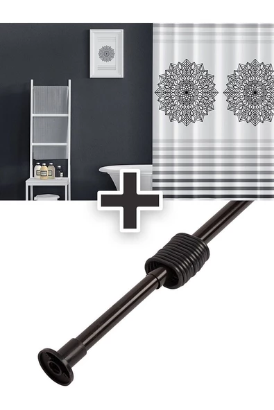 Polyester Kumaş Çizgi Desen  Banyo Perdesi Siyah Askı Aparatı Hediyeli C-halkalı Duş Perdesi ürün görseli 1