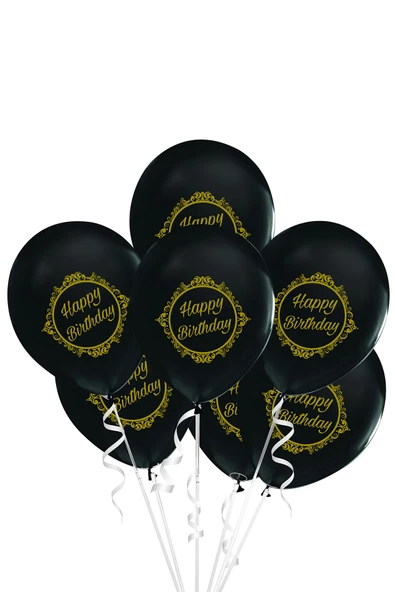 Altın Happy Birthday Baskılı Siyah Lateks Balon 10'lu - 2