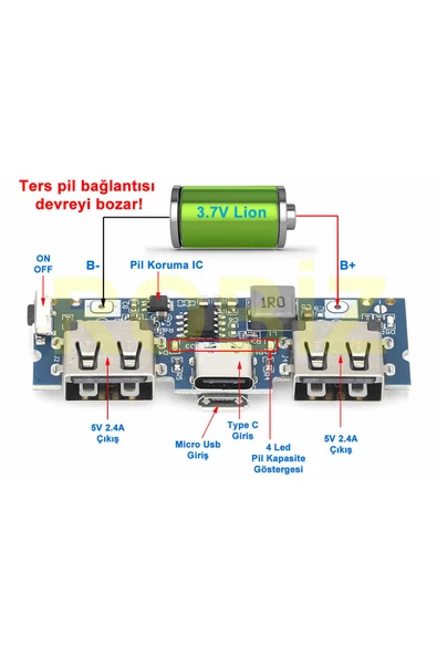 Alkatronik Powerbank Devresi 5V 2.4A Dual Usb Çıkış Type C Micro Usb Giriş Lityum Lion 3.7V 18650 Pil Şarj Mob - Resim 5