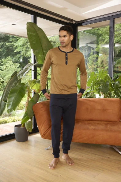 Kly 9268 Erkek Düğmeli Yaka Manşetli Uzun Kol Pijama Takım