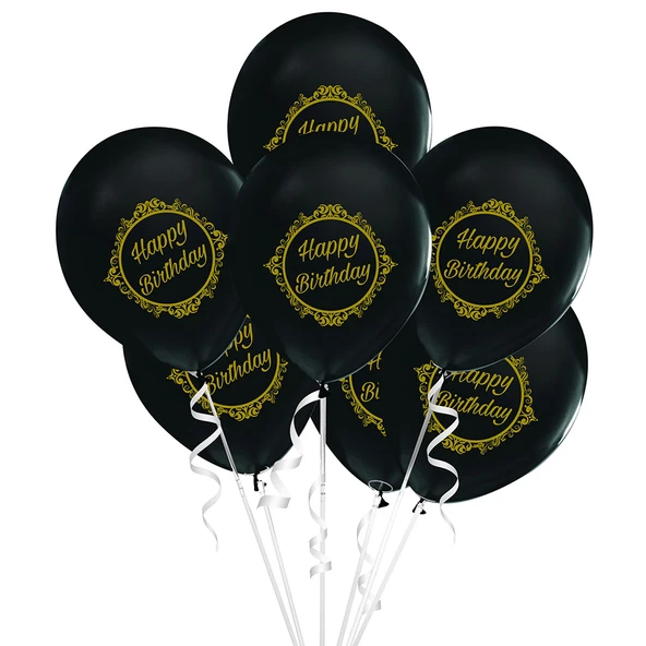 Altın Happy Birthday Baskılı Siyah Lateks Balon 10'lu - 1
