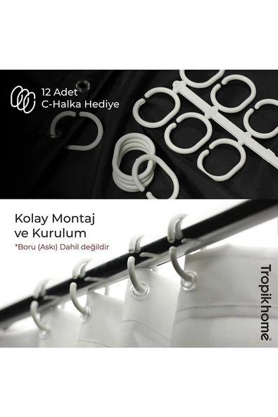 Polyester Kumaş Ağaç Desen Banyo Perdesi Siyah Askı Aparatı Hediyeli C-halkalı Duş Perdesi - 2