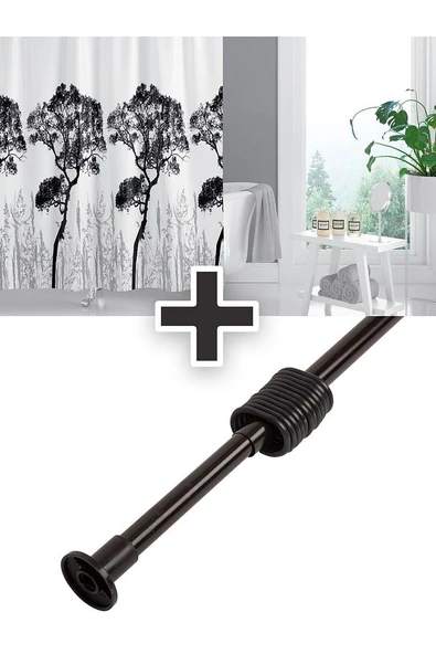 Polyester Kumaş Ağaç Desen Banyo Perdesi Siyah Askı Aparatı Hediyeli C-halkalı Duş Perdesi