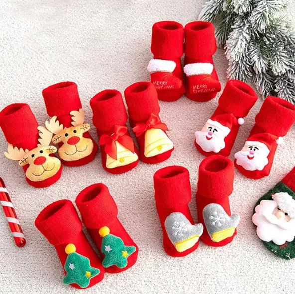 Yılbaşı Temalı Ponpon Detaylı Bebek Havlu Çorap S Beden (Model 2) - 8