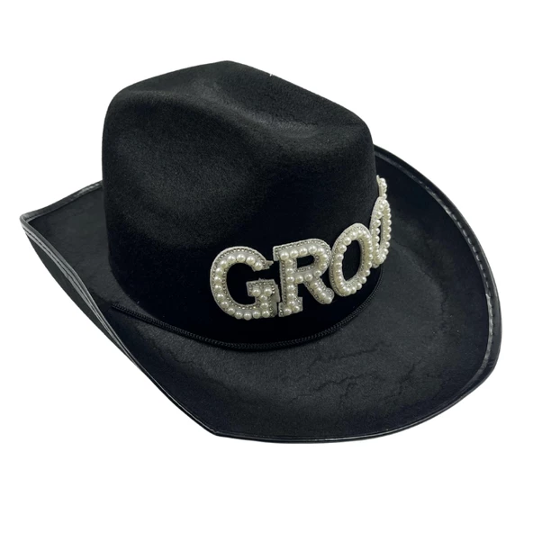 Siyah Groom Damat Taşlı Lüx Kovboy Şapka - Resim 2