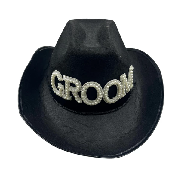Siyah Groom Damat Taşlı Lüx Kovboy Şapka ürün görseli 1