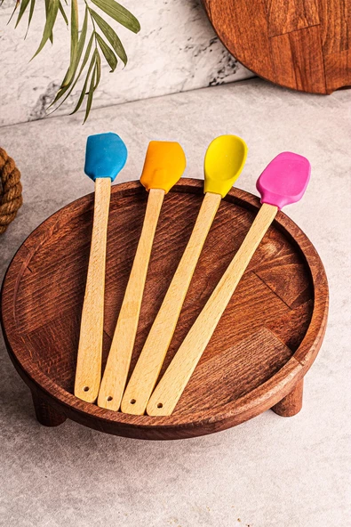 4'lü Yanmaz Yapışmaz Renkli Silikon Başlıklı Ahşap Spatula Seti - 4