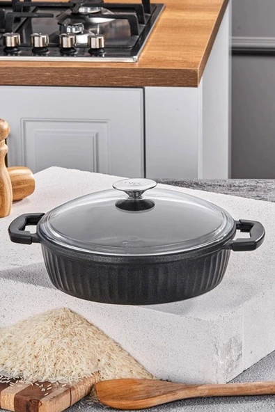 Taç Valeriya Döküm Cam Kapak Basık Tencere 24 Cm Siyah TAC-4972 ürün görseli