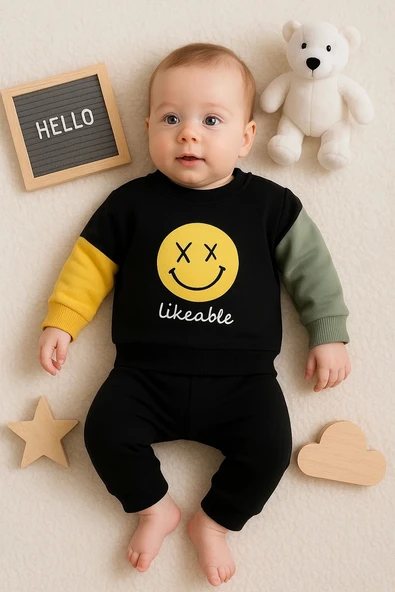 Erkek Bebek Emoji Baskılı Takım Siyah - Resim 2