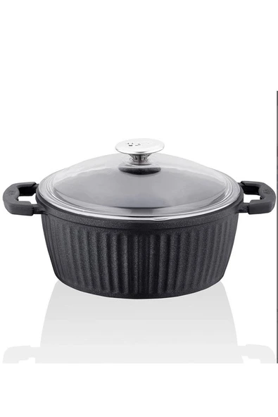 Taç Valeriya Döküm Cam Kapak Derin Tencere 28 Cm Siyah TAC-4897 - Resim 2
