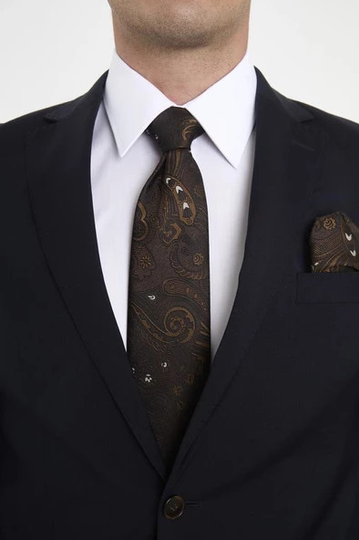 Brianze Kahverengi Beyaz Şal Motif Desen Kravat Mendil Set ürün görseli 1