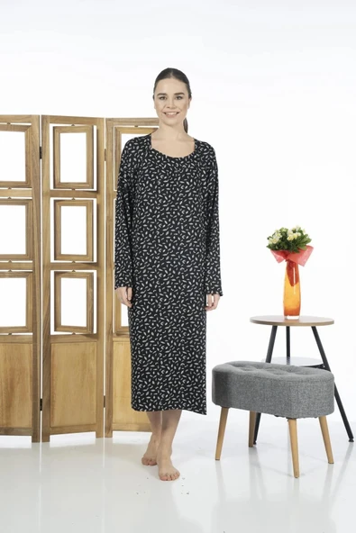 Estiva 23245-1 Uzun Kollu Desenli Likra Viskon Günlük Elbise - 5