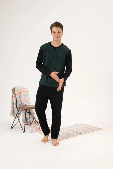 Estiva 24403 Büyük Beden Erkek Kışlık Düğmeli Yaka Jakarlı İnterlok Pijama Takımı - 10