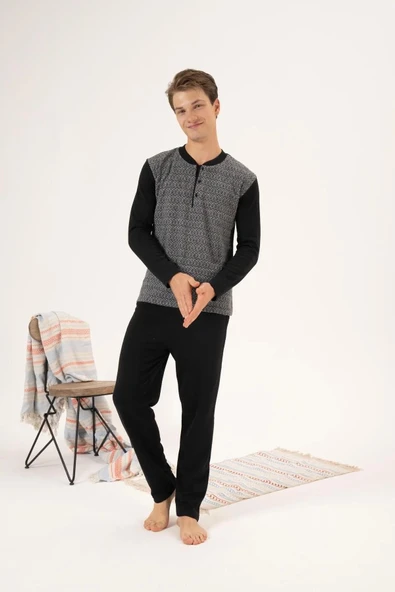 Estiva 24403 Büyük Beden Erkek Kışlık Düğmeli Yaka Jakarlı İnterlok Pijama Takımı - 6