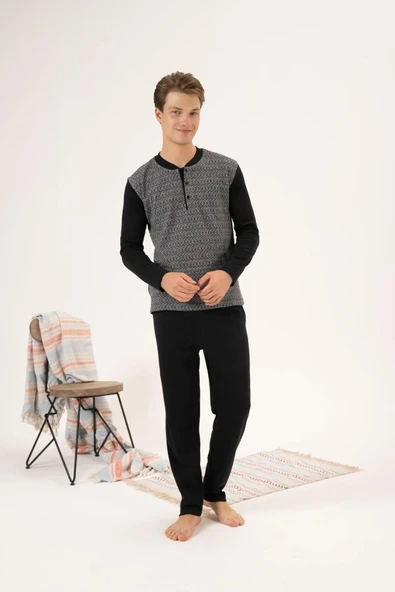 Estiva 24403 Büyük Beden Erkek Kışlık Düğmeli Yaka Jakarlı İnterlok Pijama Takımı - 3
