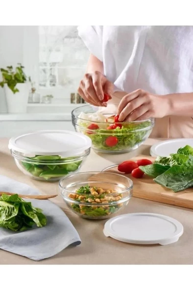 98304 Chefs 3lü Kapaklı Cam Kase Saklama Kabı Seti Büyük - 3
