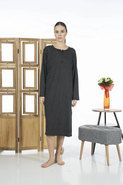 Estiva 23246-5 Kadın Düğmeli Uzun Kollu Desenli Likra Viskon Günlük Elbise - 3