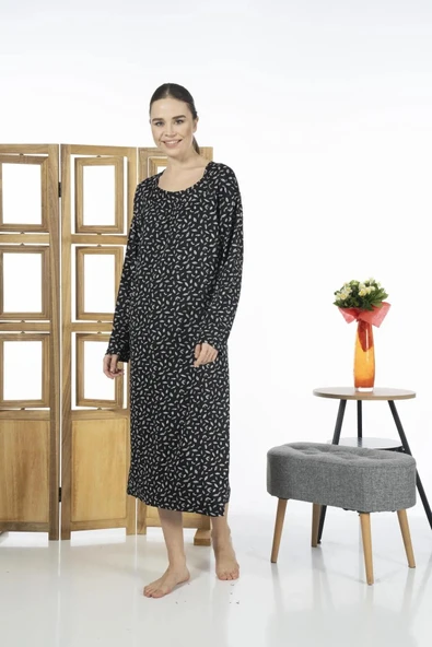 Estiva 23245-1 Uzun Kollu Desenli Likra Viskon Günlük Elbise - 3