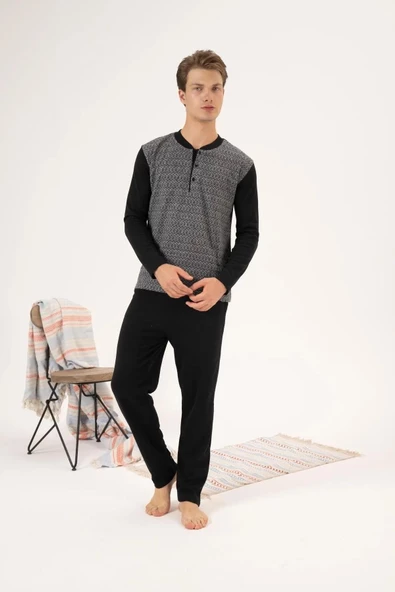Estiva 24403 Büyük Beden Erkek Kışlık Düğmeli Yaka Jakarlı İnterlok Pijama Takımı - 7